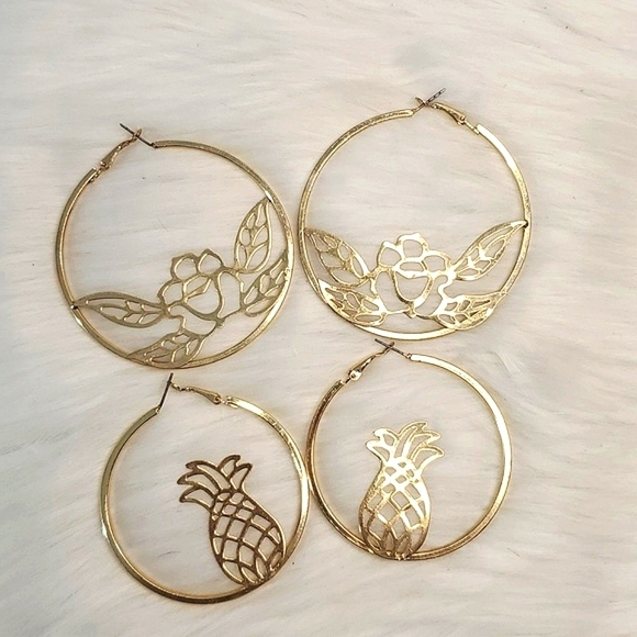Set of Two Large Gold Tone Steel Hoop Earrings Summer Roses & Pineapples 🍍 - Picture 1 of 10